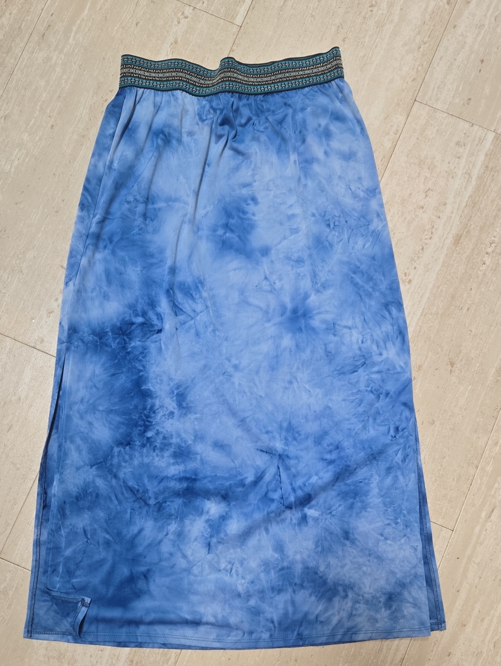 Neiman Marcus Blue Tie Dye Double Side Slit Silky Maxi Skirt